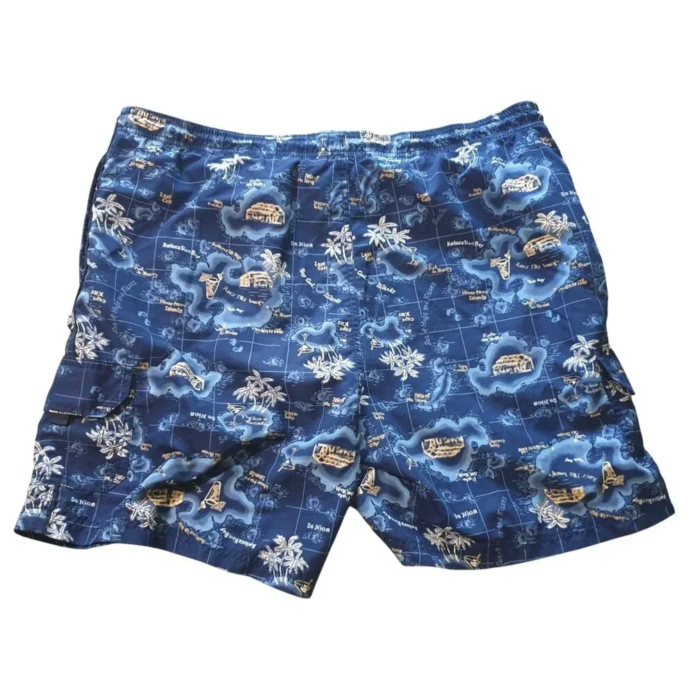 Sand N Sun Men Blue Hawaiian Map Print Swim Trunk L Mesh Liner Pockets Beach 40